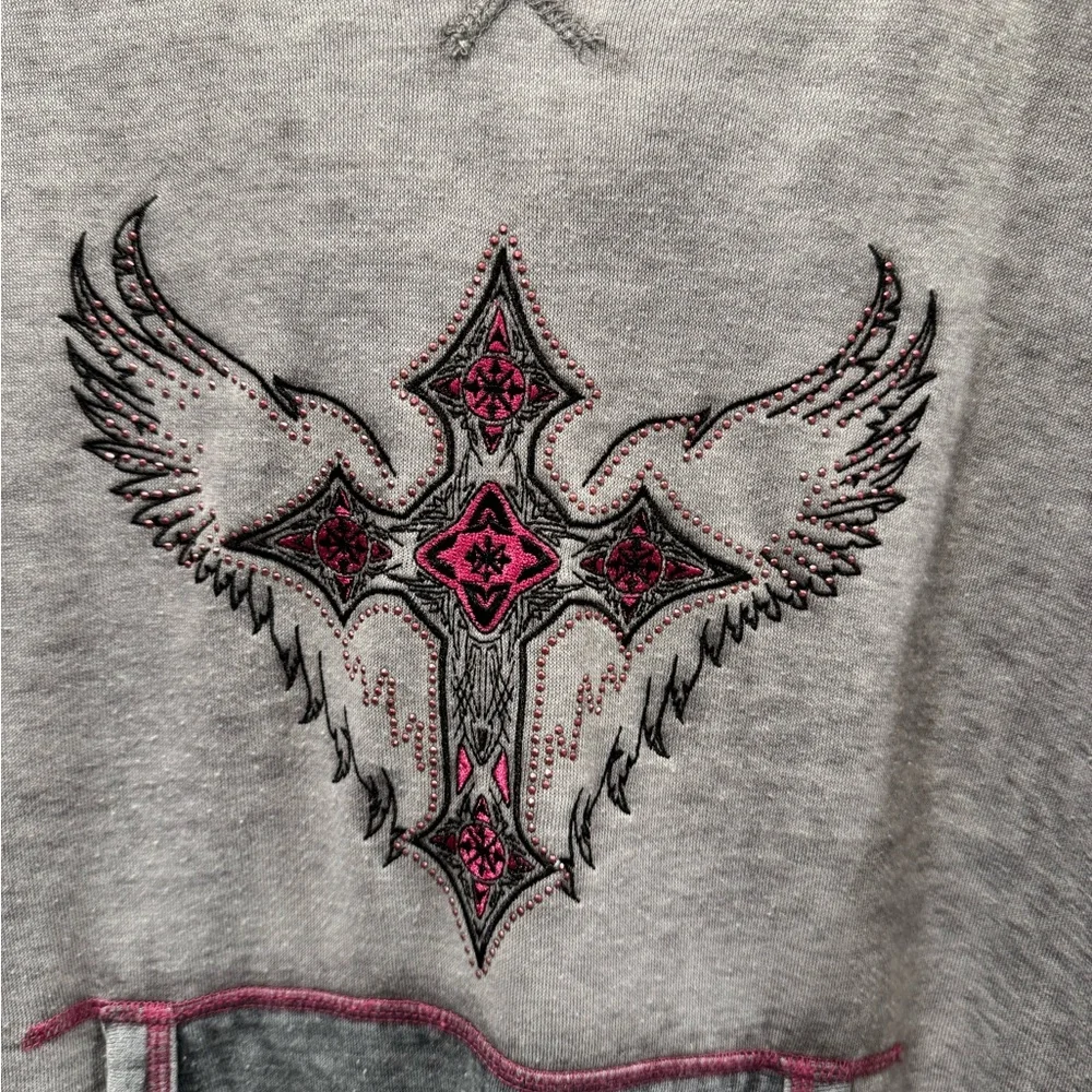 Gray and Pink Hooded Sweatshirt with Cross Design by Cowgirl Hardware. - Picture 2 of 7